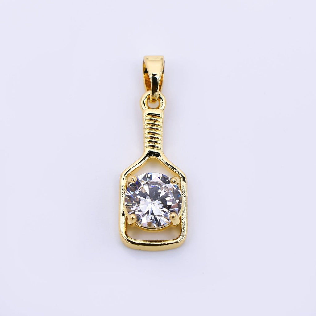 24K Gold Filled 20mm Round CZ Sparkle Paddle Pickle Ball Racket Sport Charm | AH-472