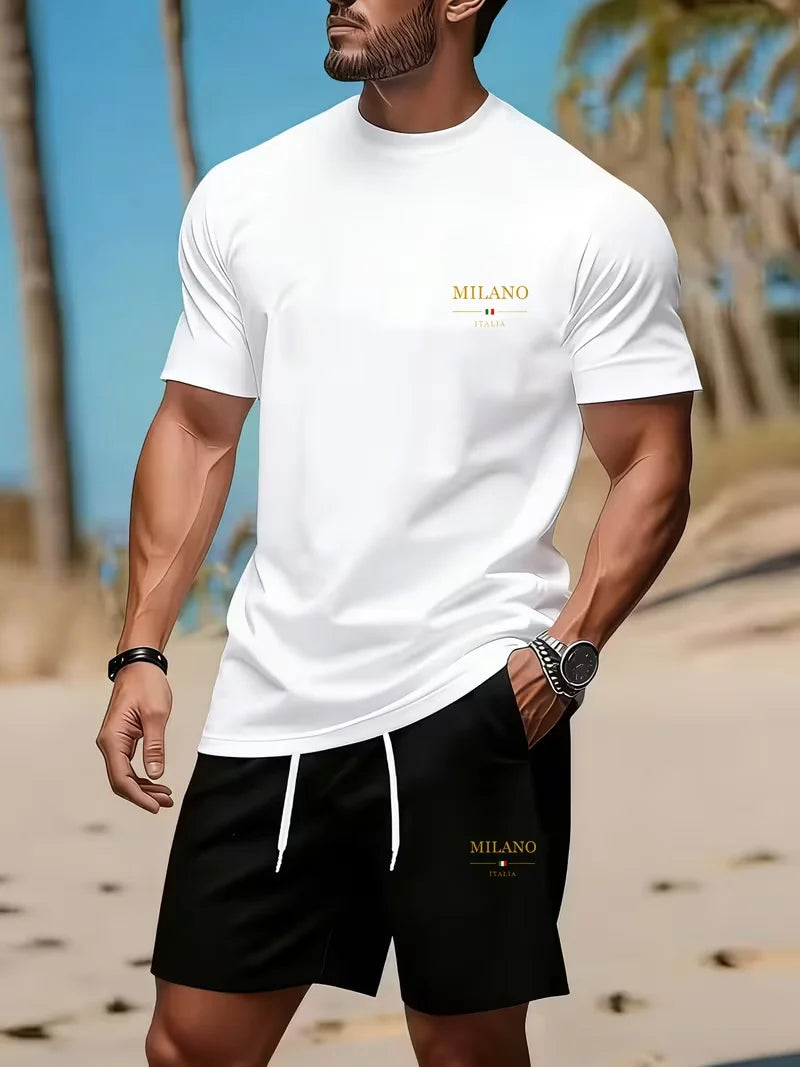 Men's sports two-piece set short sleeved T-shirt and shorts running and fitness sportswear summer promotion latest hot selling
