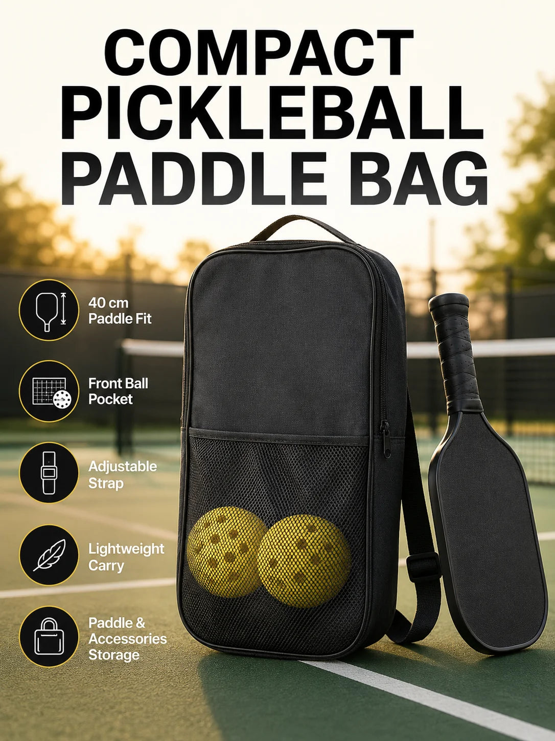 Pickleball Paddle Bag with Front Ball Pocket, Adjustable Shoulder Strap, Lightweight Carry Case for Paddle & Accessories Storage