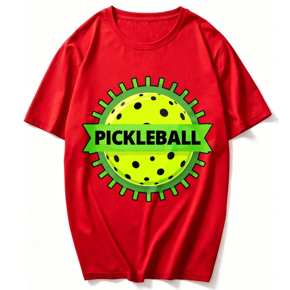 Unisex Cotton Crew Neck T Shirt Green Gear Frame Pickleball Ball Ribbon Logo Graphic Tee Casual Outdoor Sports Athlete Gift Tops