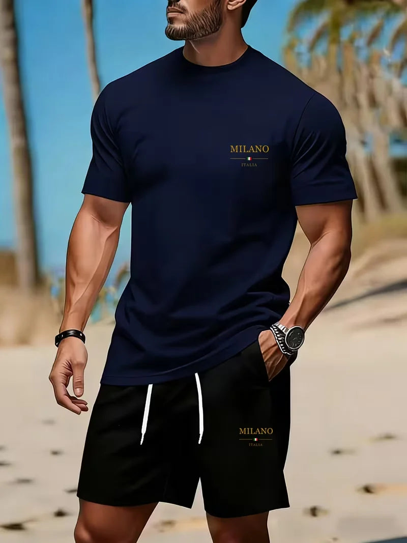 Men's sports two-piece set short sleeved T-shirt and shorts running and fitness sportswear summer promotion latest hot selling
