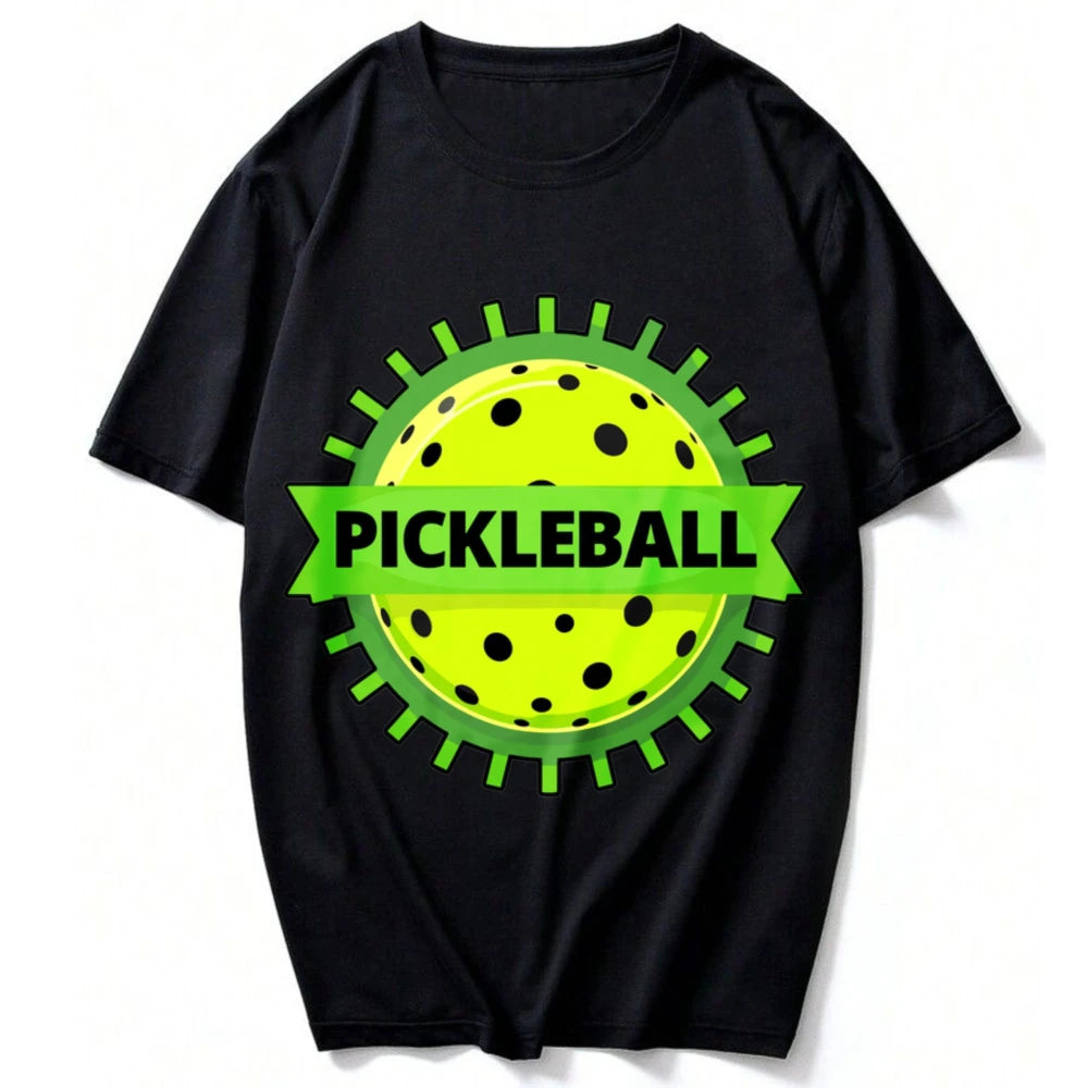 Unisex Cotton Crew Neck T Shirt Green Gear Frame Pickleball Ball Ribbon Logo Graphic Tee Casual Outdoor Sports Athlete Gift Tops