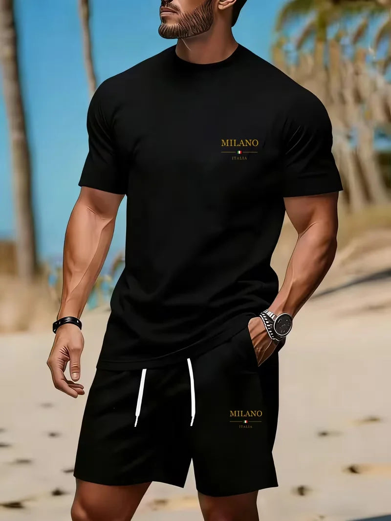 Men's sports two-piece set short sleeved T-shirt and shorts running and fitness sportswear summer promotion latest hot selling