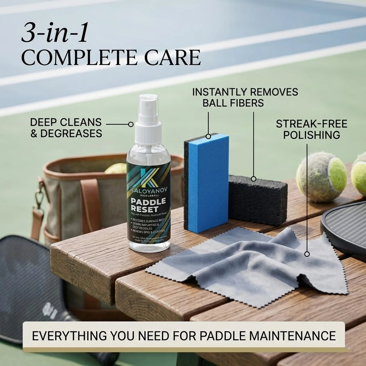 Pickleball Paddle Cleaning Kit 4-in-1 Set: Carbon Fiber Eraser, Microfiber Cloth, & Spray, Professional Racket Spin Control Tool
