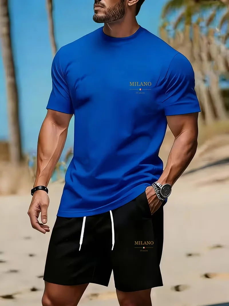 Men's sports two-piece set short sleeved T-shirt and shorts running and fitness sportswear summer promotion latest hot selling