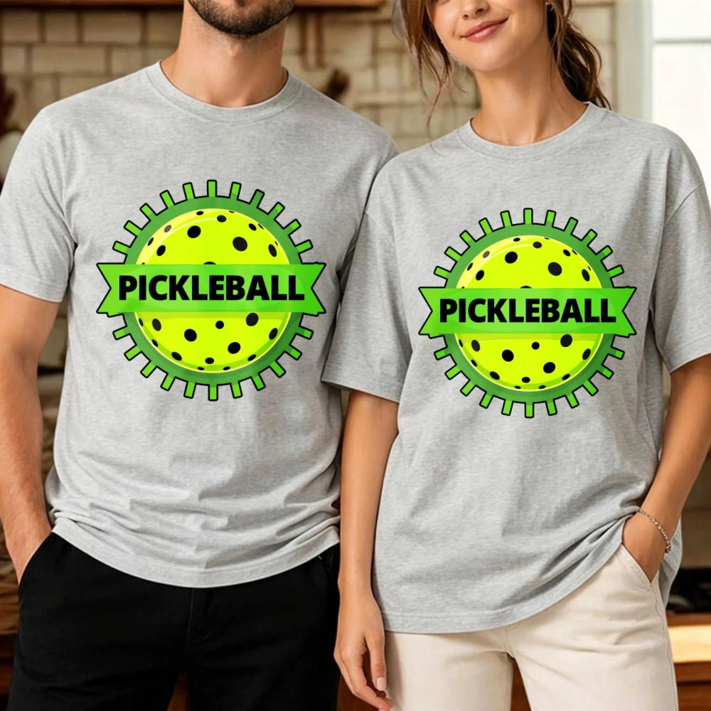 Unisex Cotton Crew Neck T Shirt Green Gear Frame Pickleball Ball Ribbon Logo Graphic Tee Casual Outdoor Sports Athlete Gift Tops