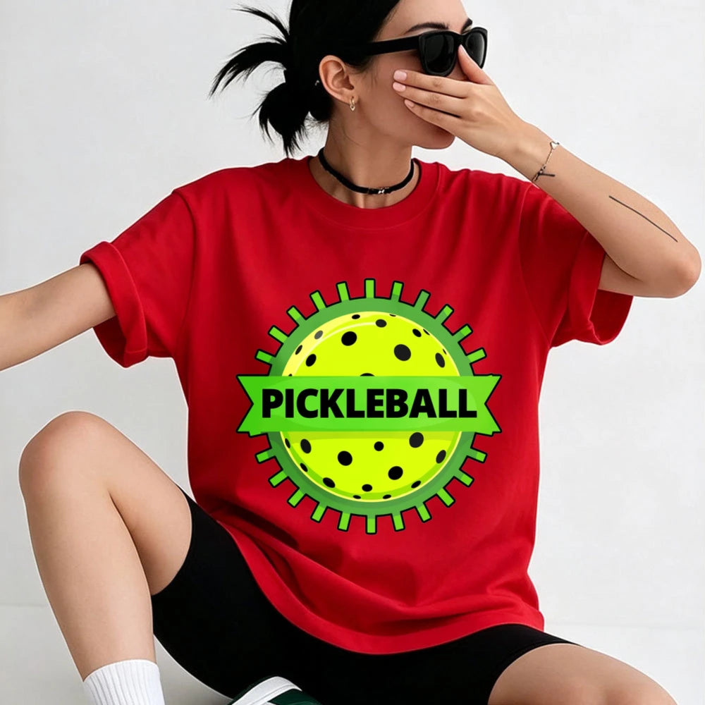 Unisex Cotton Crew Neck T Shirt Green Gear Frame Pickleball Ball Ribbon Logo Graphic Tee Casual Outdoor Sports Athlete Gift Tops
