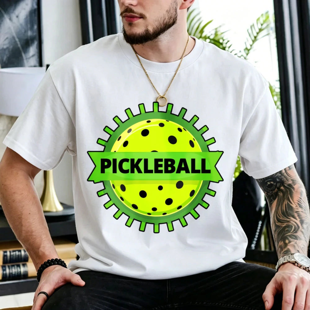 Unisex Cotton Crew Neck T Shirt Green Gear Frame Pickleball Ball Ribbon Logo Graphic Tee Casual Outdoor Sports Athlete Gift Tops