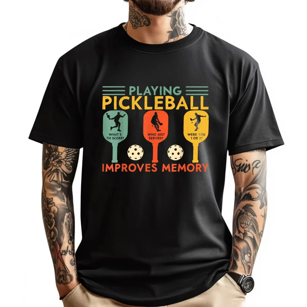 2026 New Playing Pickleball Improves Memory Funny Pickleball Player Graphic T-shirt Men Women Humor Vintage T-shirts Men's Tee