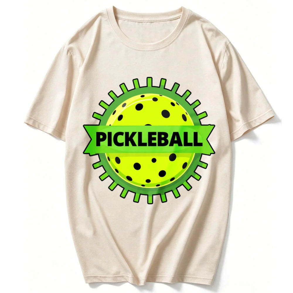 Unisex Cotton Crew Neck T Shirt Green Gear Frame Pickleball Ball Ribbon Logo Graphic Tee Casual Outdoor Sports Athlete Gift Tops