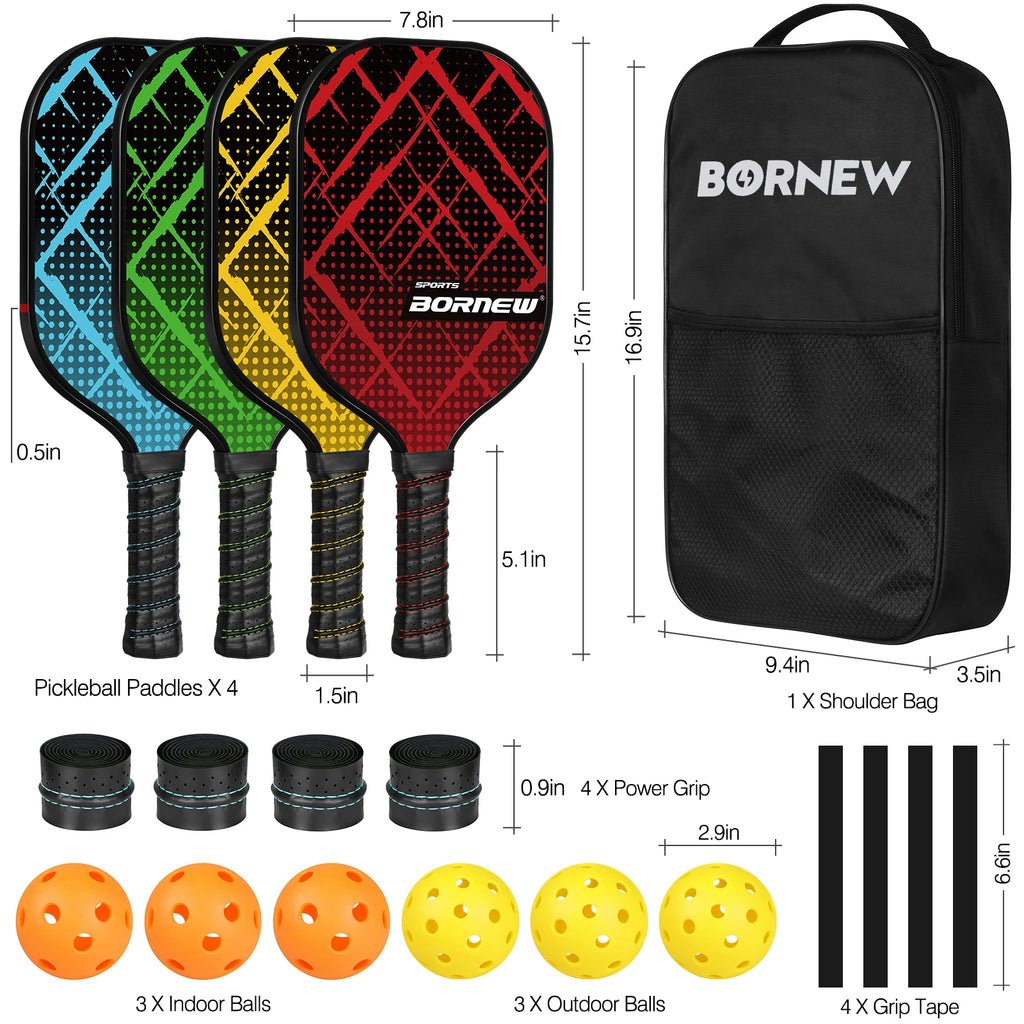 Pickleball Paddles Set of 4, Fiberglass Surface Pickleball Set with 6 Pickleball Balls, 4 Overgrip Lightweight for Beginners