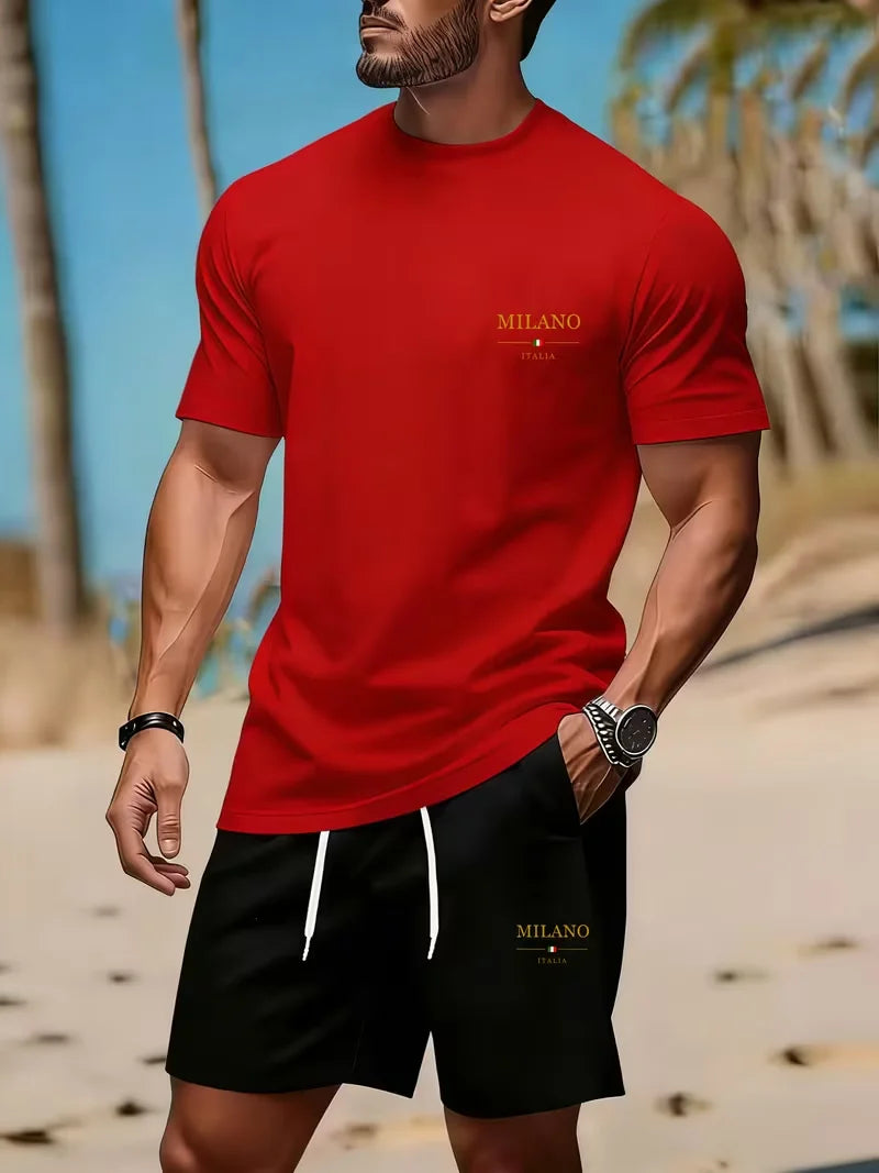 Men's sports two-piece set short sleeved T-shirt and shorts running and fitness sportswear summer promotion latest hot selling