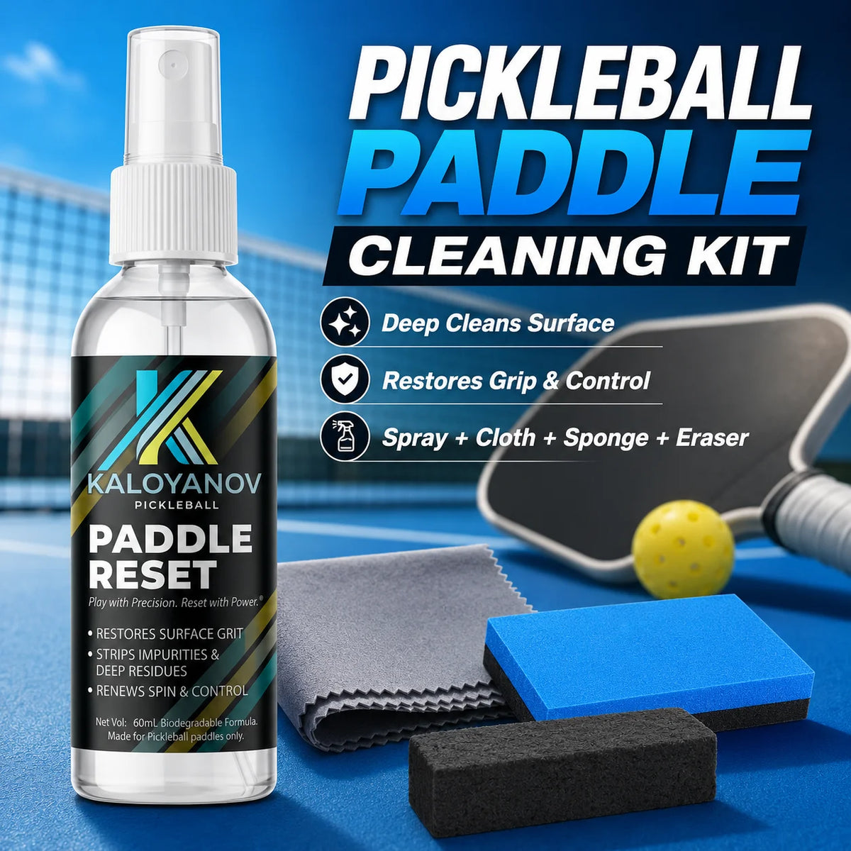 Pickleball Paddle Cleaning Kit 4-in-1 Set: Carbon Fiber Eraser, Microfiber Cloth, & Spray, Professional Racket Spin Control Tool