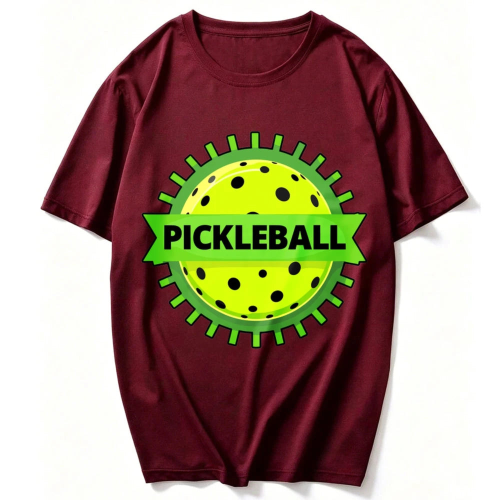 Unisex Cotton Crew Neck T Shirt Green Gear Frame Pickleball Ball Ribbon Logo Graphic Tee Casual Outdoor Sports Athlete Gift Tops