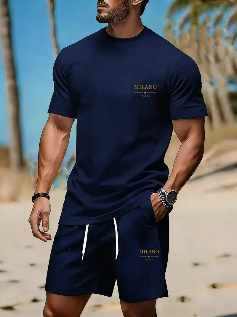 Men's sports two-piece set short sleeved T-shirt and shorts running and fitness sportswear summer promotion latest hot selling