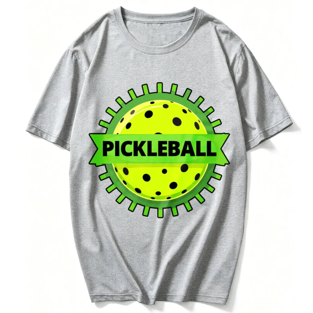 Unisex Cotton Crew Neck T Shirt Green Gear Frame Pickleball Ball Ribbon Logo Graphic Tee Casual Outdoor Sports Athlete Gift Tops
