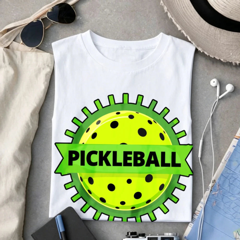 Unisex Cotton Crew Neck T Shirt Green Gear Frame Pickleball Ball Ribbon Logo Graphic Tee Casual Outdoor Sports Athlete Gift Tops