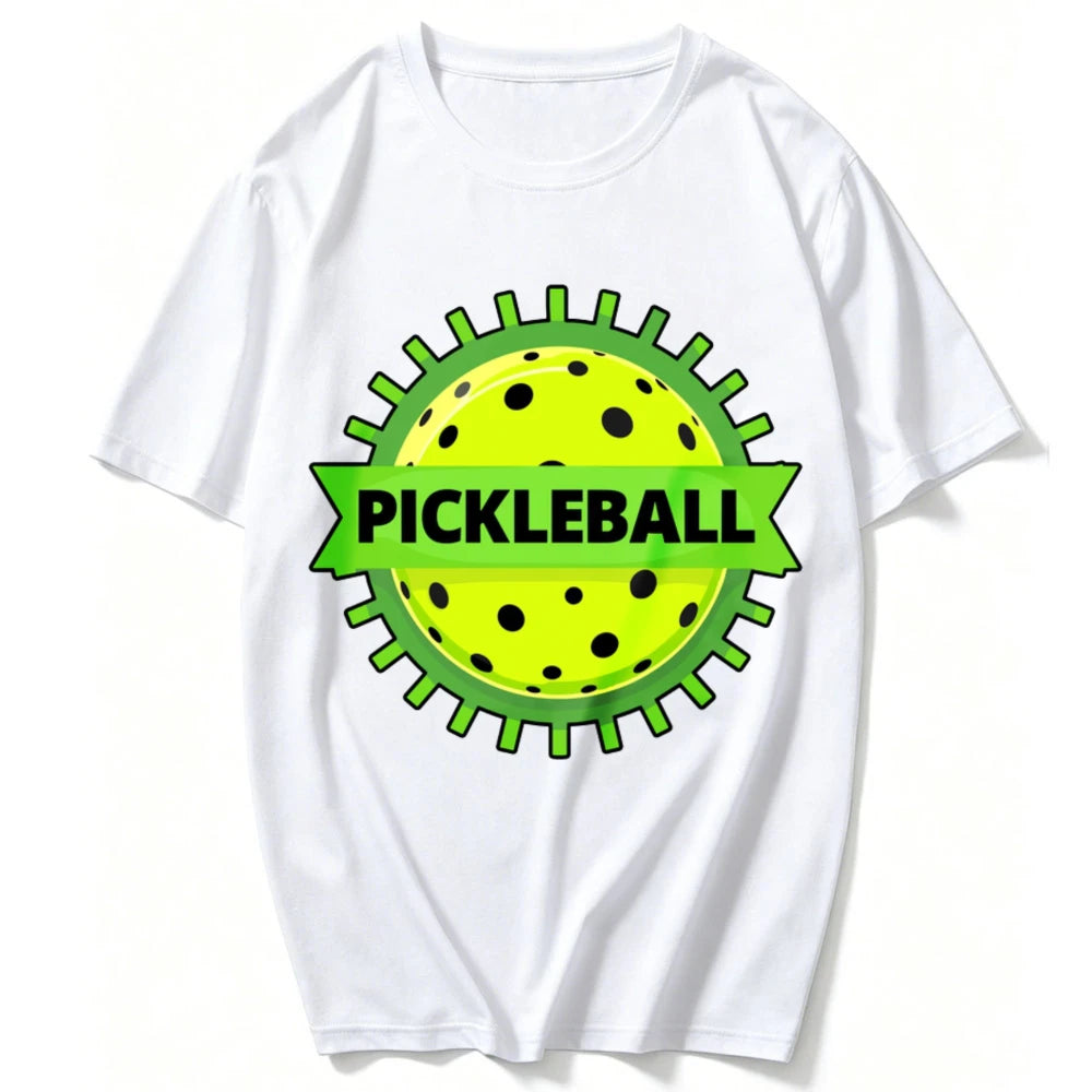 Unisex Cotton Crew Neck T Shirt Green Gear Frame Pickleball Ball Ribbon Logo Graphic Tee Casual Outdoor Sports Athlete Gift Tops