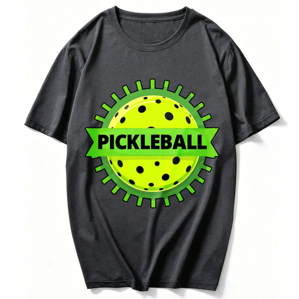 Unisex Cotton Crew Neck T Shirt Green Gear Frame Pickleball Ball Ribbon Logo Graphic Tee Casual Outdoor Sports Athlete Gift Tops