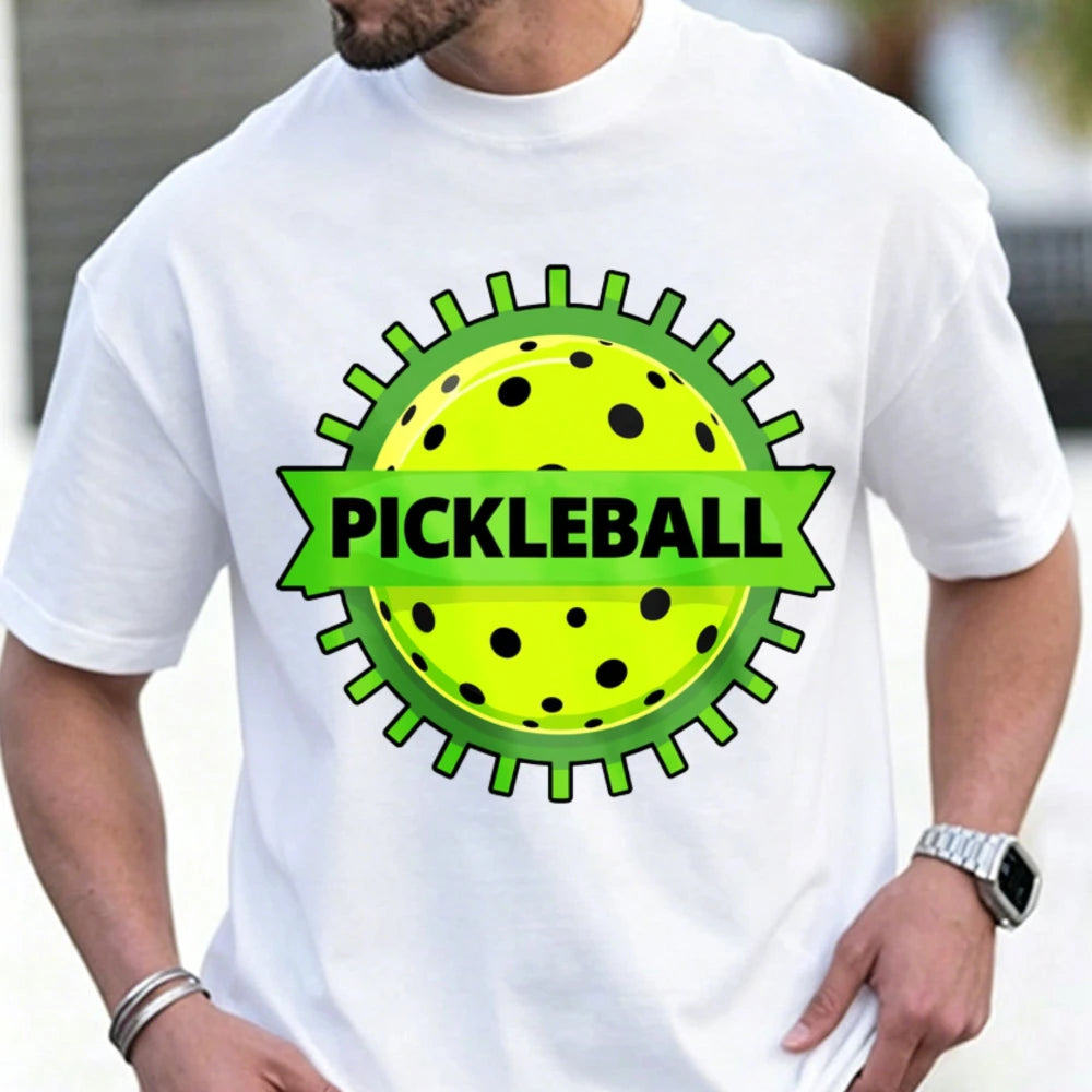 Unisex Cotton Crew Neck T Shirt Green Gear Frame Pickleball Ball Ribbon Logo Graphic Tee Casual Outdoor Sports Athlete Gift Tops