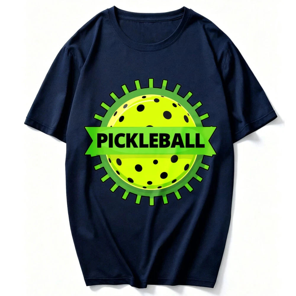 Unisex Cotton Crew Neck T Shirt Green Gear Frame Pickleball Ball Ribbon Logo Graphic Tee Casual Outdoor Sports Athlete Gift Tops
