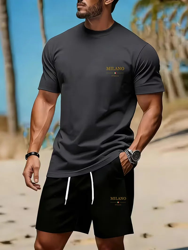 Men's sports two-piece set short sleeved T-shirt and shorts running and fitness sportswear summer promotion latest hot selling
