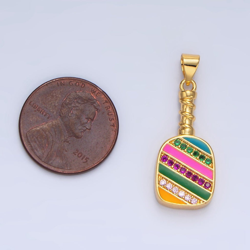 Colorful Pickle Ball Charm in 24K Gold Filled Pendant Sports Paddle with CZ | I769
