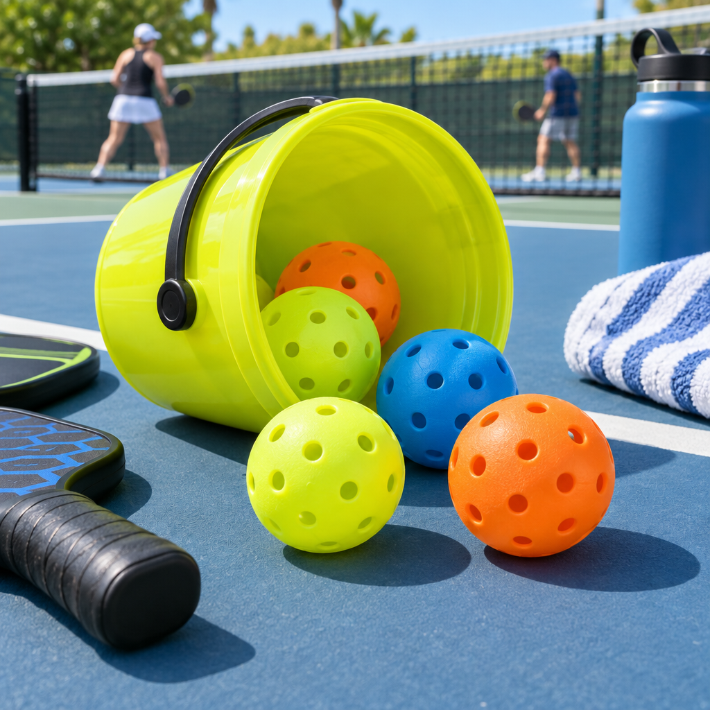 Pickleball ball 4-pack with plastic storage bucket and colorful balls on outdoor court